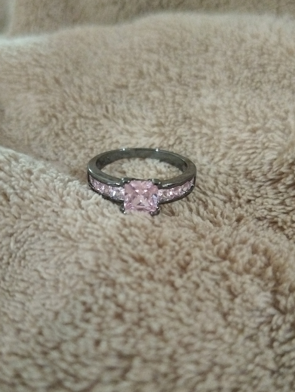 Sterling Silver Pink Square-Cut Ring with Side Stones Size 8